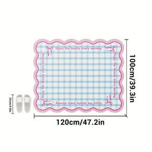 Tappeto Regionale a Quadri Blu e Bianco con Bordo Arricciato Rosa, Tappetino Antiscivolo, Set di Tappeti Decorativi per la Casa - Product Image 2