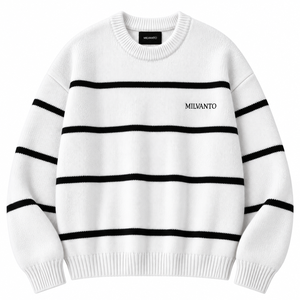 Pull en tricot rayé pour homme avec logo personnalisé blanc, mélange de coton et d'acrylique, col rond, manches longues, pull de qualité supérieure - Product Image 1