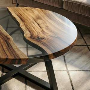 Table basse ronde en bois et résine moderne rustique, résine époxy noire transparente - Product Image 6