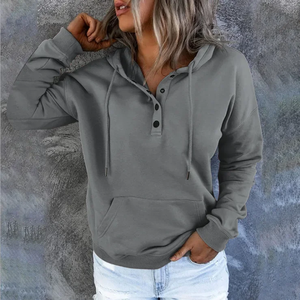 2026 Fashion Trend Long Sleeve Loose Casual V-collar Button Hooded Drawstring Pocket Hoodie - Product Image 2