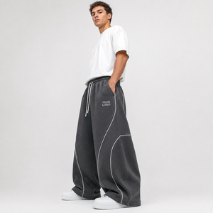 Pantalon de survêtement large gris en molleton de coton pour homme avec cordon de serrage et taille élastique, décontracté, avec logo sur les jambes – Vente en gros - Product Image 3