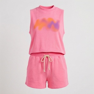 Conjunto de Top Corto y Shorts de Punto Rosa sin Mangas, Cuello Redondo, Estampado, Casual, Holgado, para Mujer, 2 Piezas, por Encima de la Rodilla, Ropa de Verano - Product Image 1