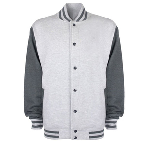 Veste universitaire en laine grise pour homme avec logo personnalisé, manches blanches et bordures rouges et bleues, col montant, style preppy, pour l'automne - Product Image 5