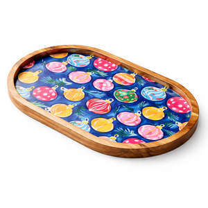 Plateau de service ovale grand format en bois de manguier émaillé, fait main, avec motif cloche, pour snacks et fruits secs, idéal pour la maison et la restauration. - Product Image 1