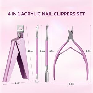 Kit de coupe-cuticules en acier inoxydable, pousse-cuticules et dissolvant double face, coupe-ongles acrylique, outils de manucure et pédicure 4-en-1 pour la maison et le salon - Product Image 3