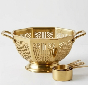 Colador Art Deco Dorado con Asas y Base, Colador de Metal Vintage para Cocina - Product Image 1