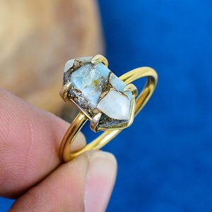 Natural Blue Copper Amazonite Hexagon Shape Gemstone <b>Ring</b> 18k Gold Micron Over 925 Sterling Silver - Product Image 1