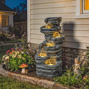 Fontaine de jardin moderne en résine avec éclairage LED, 40 pouces de haut, cascade à 6 niveaux pour villas et jardins, couleur grise - Product Image 2