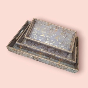 Best deeling fantastic wooden serving tray with floral dual toned enamel printed <b>set</b> of <b>3</b> pcs amazing dining setup - Product Image 5