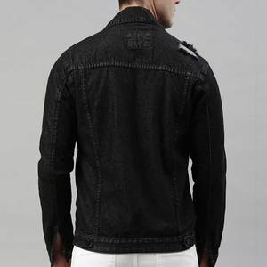 Chaqueta de mezclilla negra para hombre, corte ajustado, cuello vuelto, desgastada, casual, para otoño/invierno, manga regular, abotonadura sencilla - Product Image 3