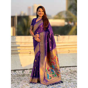 Sari de soirée Elite Weaves Violet Peacock Paithani Zari tissé 650g - Product Image 6