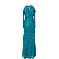 Robe longue sirène vert turquoise à sequins pour femme, sexy, col plongeant en V, manches longues, ornée de paillettes, longueur ras du sol, pour soirée formelle