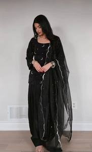 Black Sequin Embroidered Reversible Wrinkle-Free Sharara <b>Suit</b> Set with Dupatta Designer Party Wear Ethnic <b>Dress</b> <b>for</b> <b>Women</b> - Product Image 4