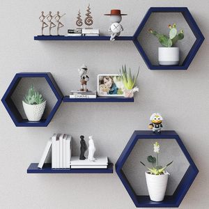 Estantes de Pared de Madera para Sala de Estar, Juego de 6 Estantes Hexagonales Azules para Fotos, Plantas y Decoración de Pared, Diseño de Panal - Product Image 1