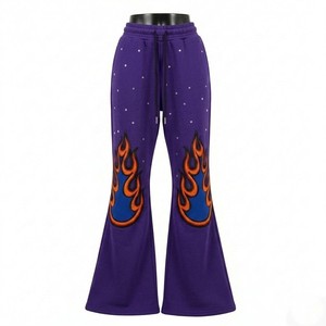 Pantalones de chándal morados para mujer, de cintura alta, con cordón, ajuste holgado informal, con bordado de llamas y patrón de puntos, de largo completo - Product Image 5