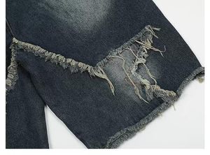 Men's Ripped <b>Denim</b> Bermuda Shorts Mid Waist Patchwork Washed Casual Style Button Fly 100% Cotton <b>Material</b> - Product Image 3