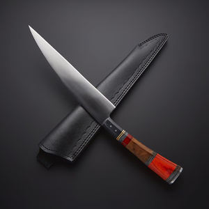 Couteau de chef artisanal personnalisé avec manche en bois rouge, couteau de cuisine fait main avec étui en cuir - Product Image 1