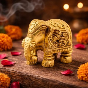 SHUBHAM Handmade Brass <b>Elephant</b> Figurine Gold Plated Mini Maharaja Animal Sculpture for Car Dashboard Home <b>Decor</b> Gift - Product Image 1