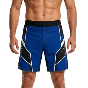 Shorts MMA bleu électrique à design angulaire, avec fentes latérales, en tissu haute performance, pour entraînement de kickboxing pour hommes. - Product Image 1