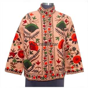 Blouson en coton tricoté à col en V, motif floral vintage, broderie Suzani TNT, multi-saison, hiver, écologique, respirant, séchage rapide - Product Image 1