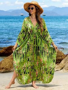 Green Printed Maxi Dress V-Neck Batwing Sleeve Loose Boho <b>Summer</b> Casual <b>Kaftan</b> Dress - Product Image 3