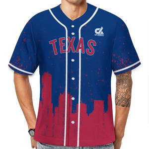 Jersey de Béisbol Personalizado 2025, Diseño Degradado Azul y Rojo con Silueta Urbana, Uniforme de Equipo con Botones, Nombre y Número Personalizados - Product Image 5