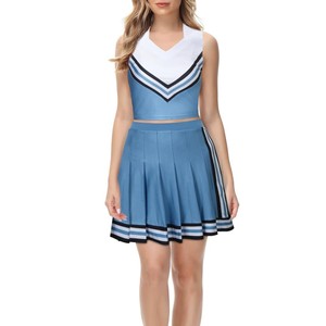 Falda de uniforme de porristas azul OEM/ODM más vendida, estilo color block, de spandex/poliéster, para adolescentes, con estampado por transferencia térmica - Product Image 4