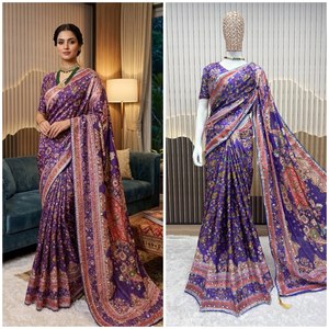 Sari en Soie Chinon de Designer TENNECY pour Femme, Bordure à Passepoil, Pompons Latkan, Broderie Miroir Authentique, Longueur Cheville, Tenue de Soirée, Infroissable - Product Image 2