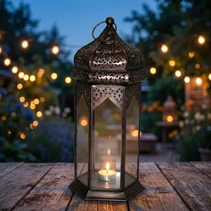 Lanterne marocaine en métal et verre, porte-bougie vintage perforé fait main, décoration islamique antique, élégante pour table, jardin et maison - Product Image 2