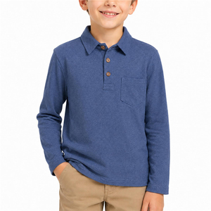 Chemises polo à manches longues pour garçons, en coton bleu, avec logo brodé, uniforme scolaire, vêtements de tous les jours pour enfants - Product Image 1
