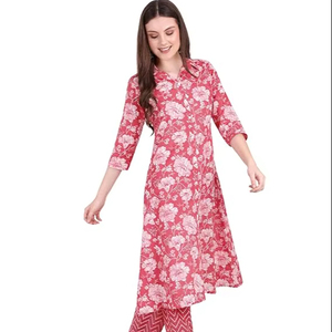 SAZU Floral Cotton <b>Kurta</b> Set with Chevron Print Pants Stylish Shirt-Collar Long Kurti for <b>Women</b> Floral Printed Ethnic Suit - Product Image 1