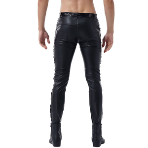 Pantalones de Cuero PU Negros para Hombre, Cintura Alta, Corte Recto, con Cordones Laterales, Estilo Gótico, para Invierno - Product Image 6