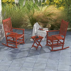 Sedia a dondolo da esterno 3 pezzi rosso vino vivace Set legno forte con tavolo portatile 352 libbre Set da giardino per terrazza e Patio - Product Image 2