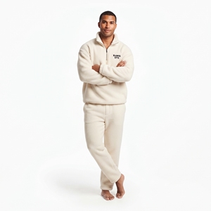 Best Selling Men Winter Tracksuit <b>Sherpa</b> Fleece Custom Logo Relaxed Fit Drop Shoulder Quarter Zip Hoodie <b>Jogger</b> Warm Two Piece - Product Image 6