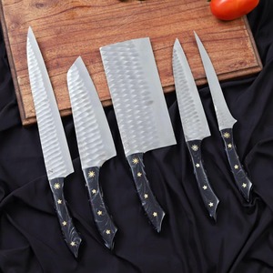 Juego de 5 Cuchillos de Acero de Damasco con Mangos Negros y Estrellas Doradas, Cuchillos de Cocina de Hoja Recta - Product Image 1