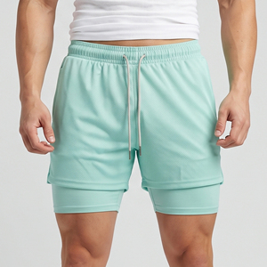 Men's Gym Wear 2 In 1 Mesh Shorts With Drawstring <b>Mid</b> Waist Breathable Knitted Sports Compression Inner <b>Layer</b> Shorts - Product Image 1
