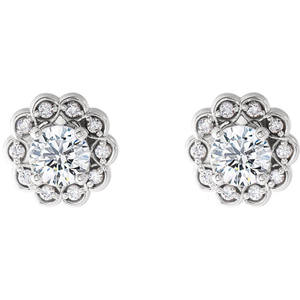 Boucles d'oreilles clous en or 10 carats avec diamants de laboratoire taille ronde et design floral halo - Product Image 1
