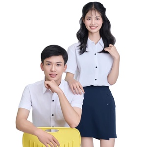 เสื้อเชิ้ตแขนสั้นสีขาวสำหรับนักเรียนวิทยาลัยการศึกษาปฐมวัย ผลิตจากผ้าทอแบบยืดหยุ่น ยี่ห้อเวียดนาม FMF (สีน้ำเงินกรมท่า) สำหรับเด็กผู้ชายและเด็กผู้หญิง ตรวจสอบด้วยเครื่องตรวจจับเข็ม - Product Image 1