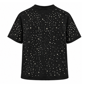 Unisex Black Pearl Decorated T <b>Shirt</b> Fashionable Round Neck Short Sleeve Pearl <b>Studded</b> Tee for Streetwear and Everyday Casual - Product Image 2