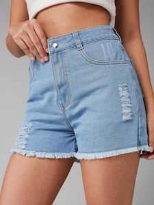 Shorts de mezclilla ecológicos para mujer, de cintura media, con volantes, dobladillo deshilachado, cinturón, corte regular, casuales, de verano, de algodón - Product Image 4