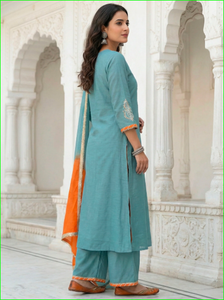 Conjunto de Kurta/Kurti de Seda Azul Polvo con Bordado Gota Mal Chanderi para Fiestas, Todas las Temporadas - Product Image 4