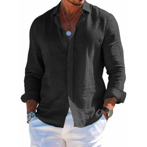 Chemise décontractée pour homme OEM, automne, tricotée unie en polyester/rayonne, mode polyvalente, plage, manches longues, col à revers, bouton unique, coupe ajustée - Product Image 1