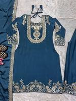 Elegante Completo Donna in Seta Chiffon con Ricami e Paillettes, Top, Palazzo e Dupatta Color Menta per Matrimoni, Diwali, Feste, Reversibile, Protezione Solare