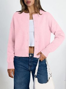 Cárdigan corto de punto rosa para mujer, suéter informal con botones y cuello redondo de manga larga - Product Image 3