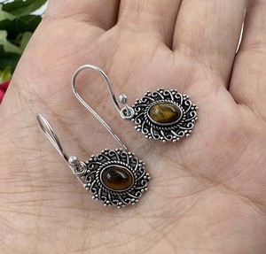 Natural Tiger Eye 925 Sterling <b>Silver</b> Plated <b>Earring</b> Vintage Trendy Gemstone <b>Earring</b> Wholesale - Product Image 1
