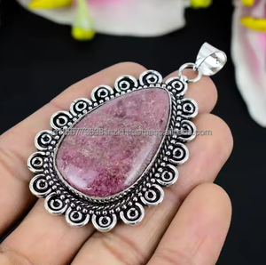 Colgante de cabujón de Rodonita natural, joyería colgante chapada en plata de ley 925 hecha a mano de estilo vintage, colgante 925, - Product Image 3
