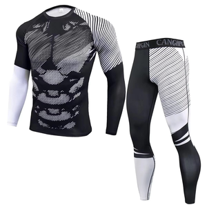 Ensemble de compression rayé noir et rouge pour homme, manches longues, col rond, séchage rapide, en spandex et polyester, haut et pantalon, toutes saisons - Product Image 2