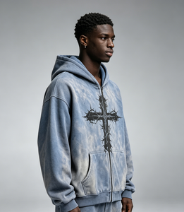 Sudadera con capucha y cremallera personalizada Kornit, 100% algodón de alto gramaje, con lavado vintage, efecto desgastado, efecto descolorido por el sol y efecto pulverizado, estilo streetwear, con diseño Thorn Cross - Product Image 1