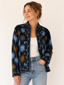 Chaqueta de terciopelo azul marino con bordado de palmeras para ocasiones especiales, abrigo de invierno con motivos botánicos, ropa exterior floral estilo bohemio. - Product Image 1