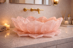 Lavabo de Baño de Cuarzo Rosa con Forma de Flor de Loto, Lavabo de Cristal Rosa de Lujo, Lavabo de Piedra Tallado a Mano, Lavabo de Estilo Spa - Product Image 4